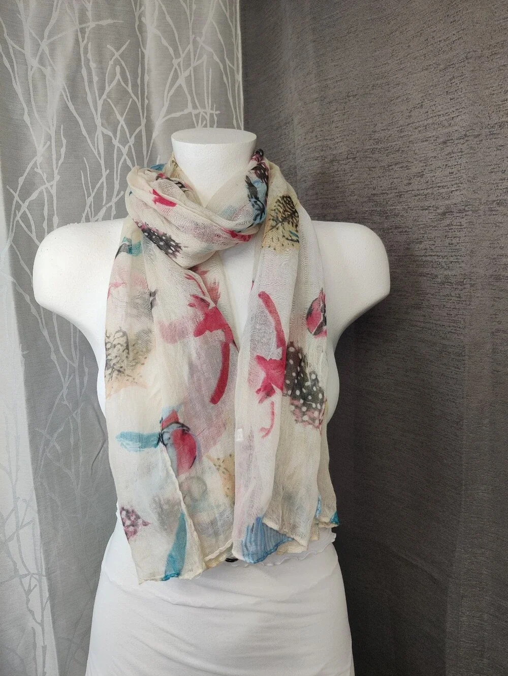 Bird Print Scarf Lot of 2 Lightweight Sheer Viscose Polyester 1 Oversized Wrap